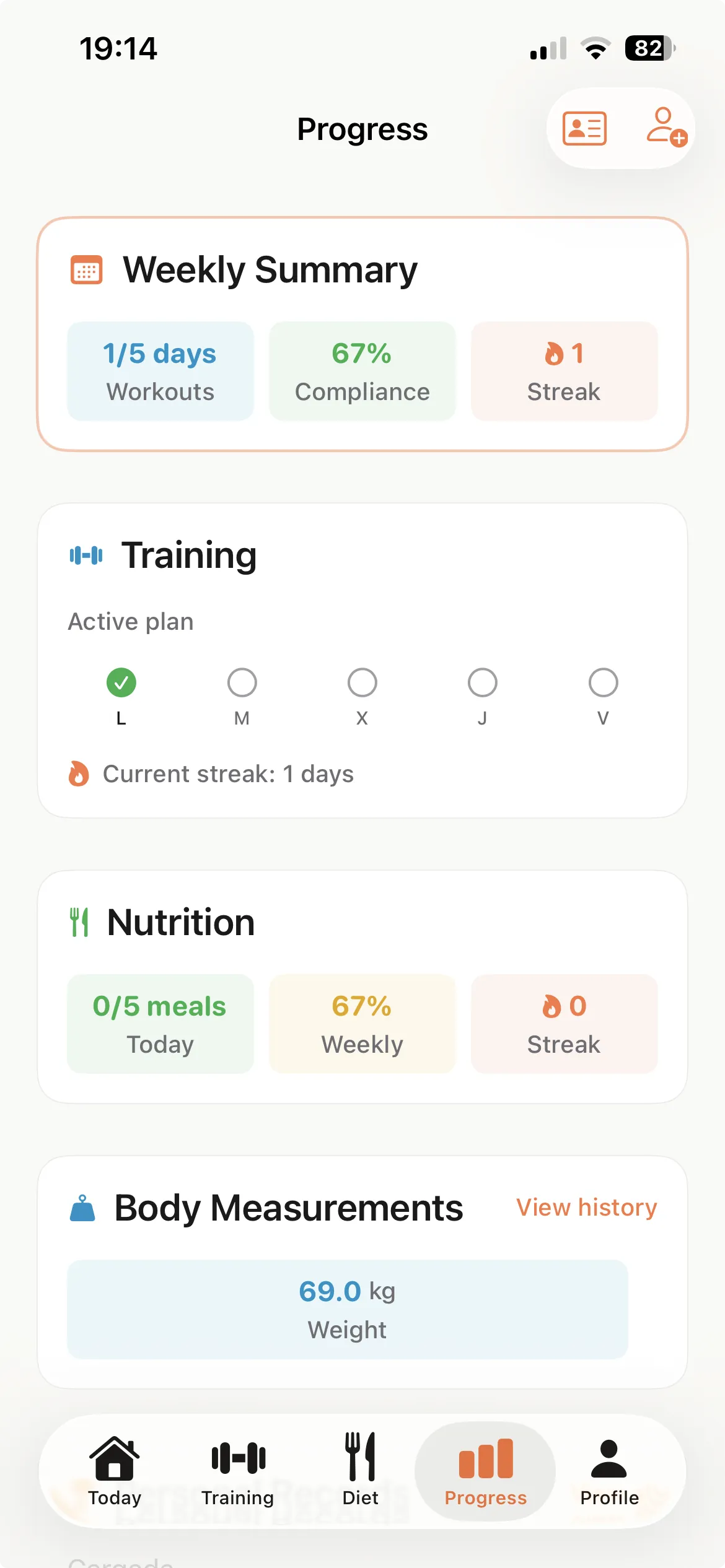 BulkUp progress screen with weight, body fat and lean mass